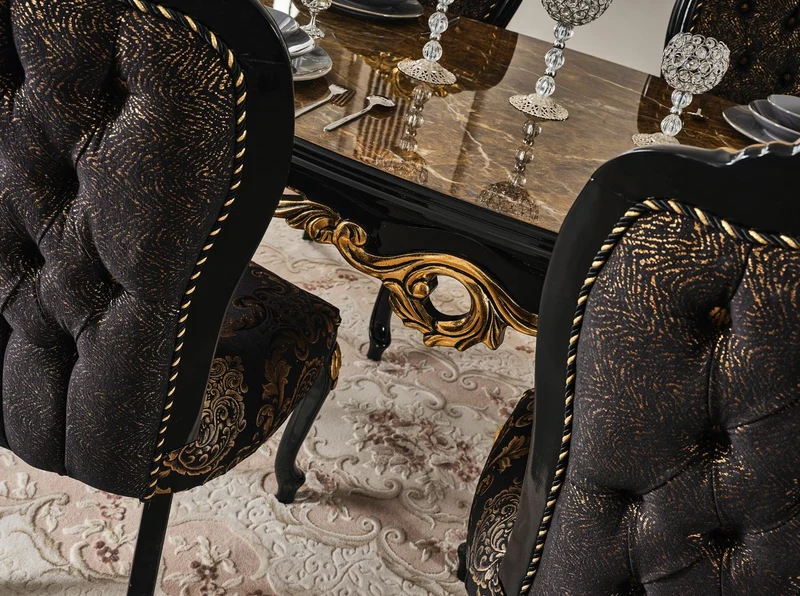 Casa Padrino Luxus Barock Esszimmer Set Braun / Schwarz / Gold - 1 Esstisch mit Tischplatte in Marmoroptik & 6 Esszimmerstühle - Prunkvolle Esszimmer Möbel im Barockstil