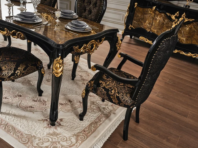 Casa Padrino Luxus Barock Esszimmer Set Braun / Schwarz / Gold - 1 Esstisch mit Tischplatte in Marmoroptik & 6 Esszimmerstühle - Prunkvolle Esszimmer Möbel im Barockstil