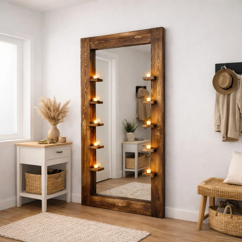 Massivholz-Spiegel HARMONY mit Ablagen 180cm Pinie geflammt