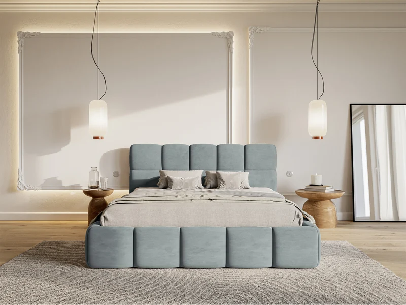 Gepolstertes Bett 140x200 cm Cloudy, grau, hydrophobes, pflegeleichtes Samtgewebe