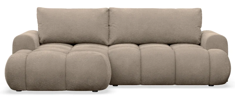 Ecksofa mit Schlaffunktion Ombo Mini, L-förmig, linksseitig, mit Stauraum, dunkelbeige Bouclé