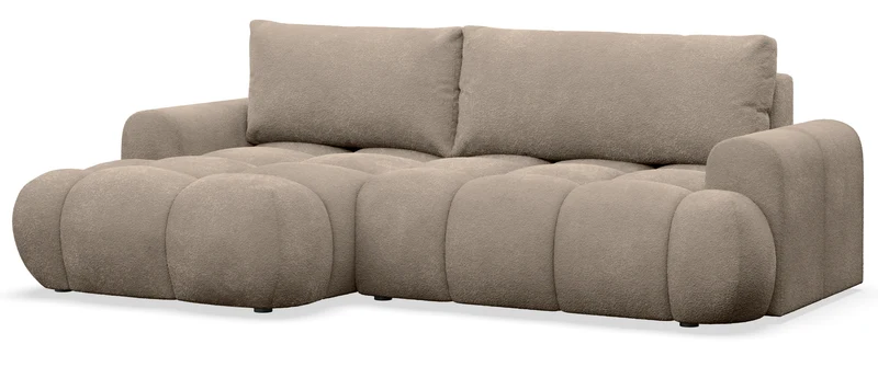Ecksofa mit Schlaffunktion Ombo Mini, L-förmig, linksseitig, mit Stauraum, dunkelbeige Bouclé