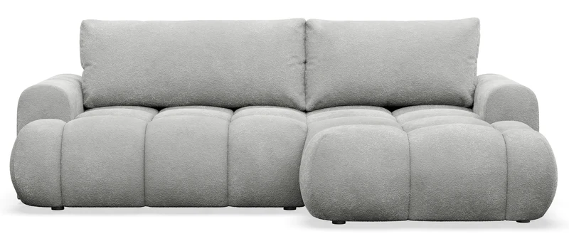 Ecksofa mit Schlaffunktion Ombo Mini, L-förmig, rechtsseitig, mit Stauraum, hellgrauer Bouclé-Stoff