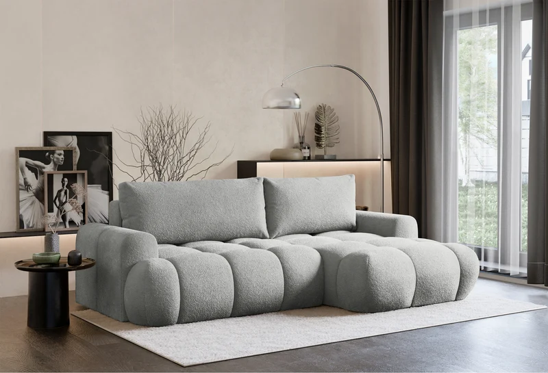 Ecksofa mit Schlaffunktion Ombo Mini, L-förmig, rechtsseitig, mit Stauraum, hellgrauer Bouclé-Stoff