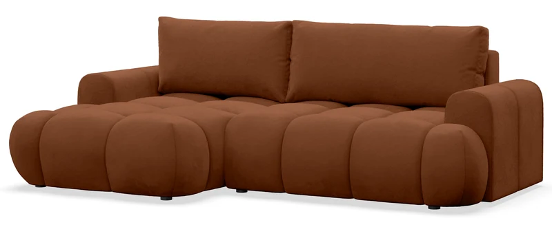 Ecksofa mit Schlaffunktion Ombo Mini, L-förmig, linksseitig, mit Stauraum, kupferfarbener, hydrophober Samt