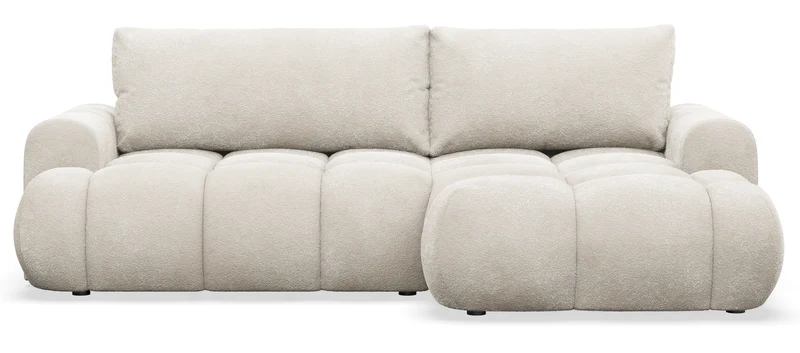 Ecksofa mit Schlaffunktion Ombo Mini, L-förmig, rechtsseitig, mit Stauraum, cremefarbenes Bouclé