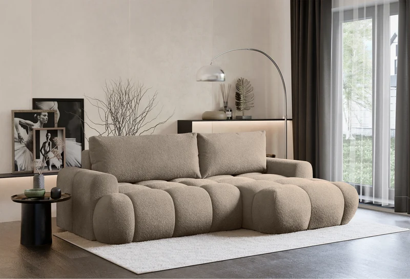 Ecksofa mit Schlaffunktion Ombo Mini, L-förmig, rechtsseitig, mit Stauraum, dunkelbeiges Bouclé