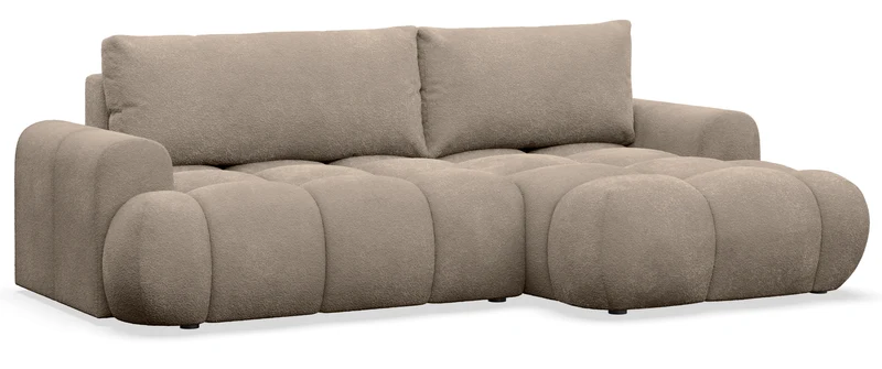 Ecksofa mit Schlaffunktion Ombo Mini, L-förmig, rechtsseitig, mit Stauraum, dunkelbeiges Bouclé