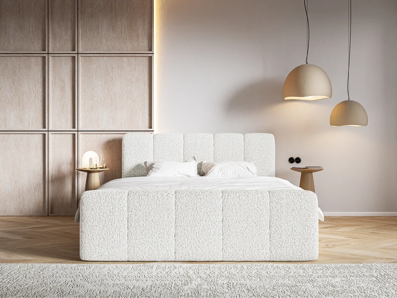 Kontinentalbett 180x200 cm Cloudy II mit Stauraum und Topper, cremefarbenes Bouclé