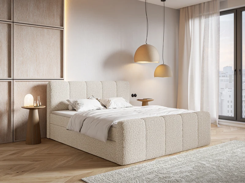 Kontinentalbett 180x200 cm Cloudy II mit Stauraum und Topper, hellbeiges Bouclé