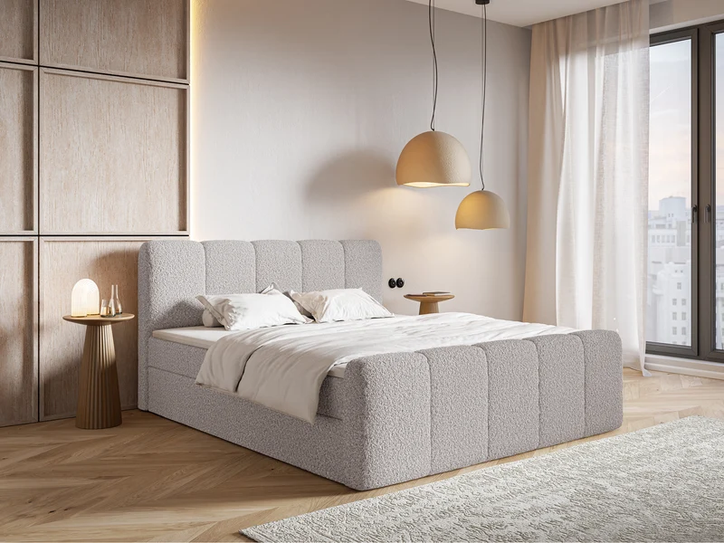 Kontinentalbett 180x200 cm Cloudy II mit Stauraum und Topper, grau-braunes Bouclé