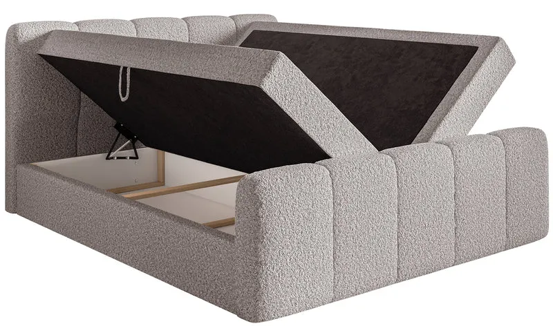 Kontinentalbett 180x200 cm Cloudy II mit Stauraum und Topper, grau-braunes Bouclé