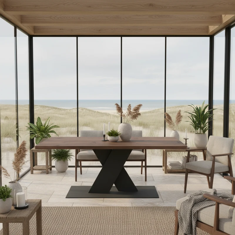 Esstisch Eiche Rustikal Braun geölt - mit Fuß "Flaches X" aus massivem Stahl