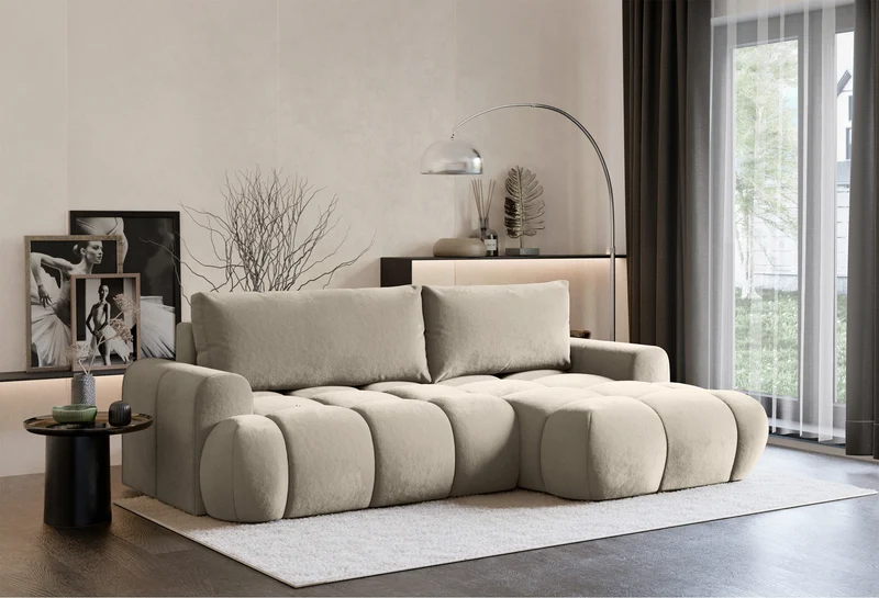 Ecksofa mit Schlaffunktion Ombo Mini, L-förmig, rechtsseitig, mit Stauraum, beige, hydrophober Samt