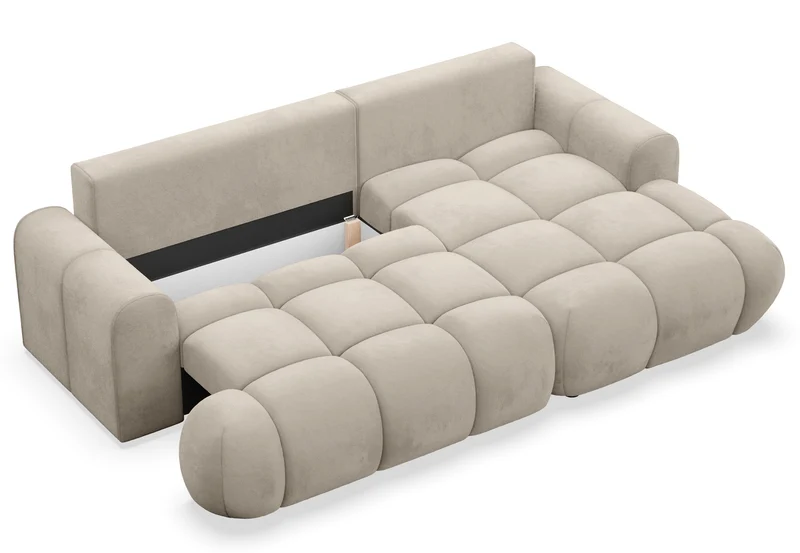 Ecksofa mit Schlaffunktion Ombo Mini, L-förmig, rechtsseitig, mit Stauraum, beige, hydrophober Samt