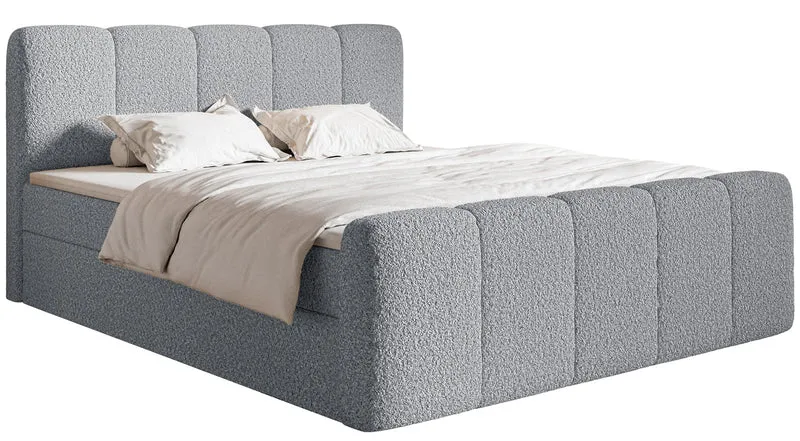 Kontinentalbett 160x200 cm Cloudy II mit Stauraum und Topper, grauer Bouclé-Stoff