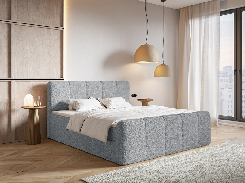 Kontinentalbett 160x200 cm Cloudy II mit Stauraum und Topper, grauer Bouclé-Stoff
