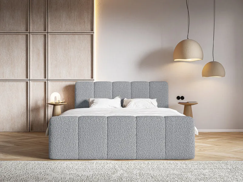 Kontinentalbett 160x200 cm Cloudy II mit Stauraum und Topper, grauer Bouclé-Stoff
