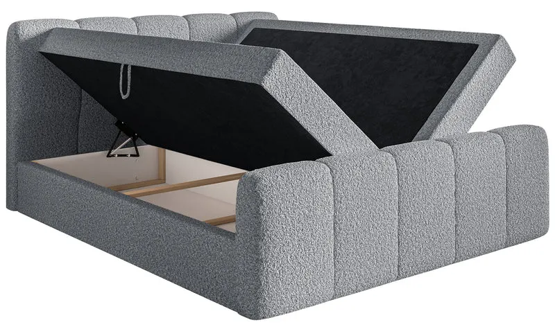 Kontinentalbett 160x200 cm Cloudy II mit Stauraum und Topper, grauer Bouclé-Stoff