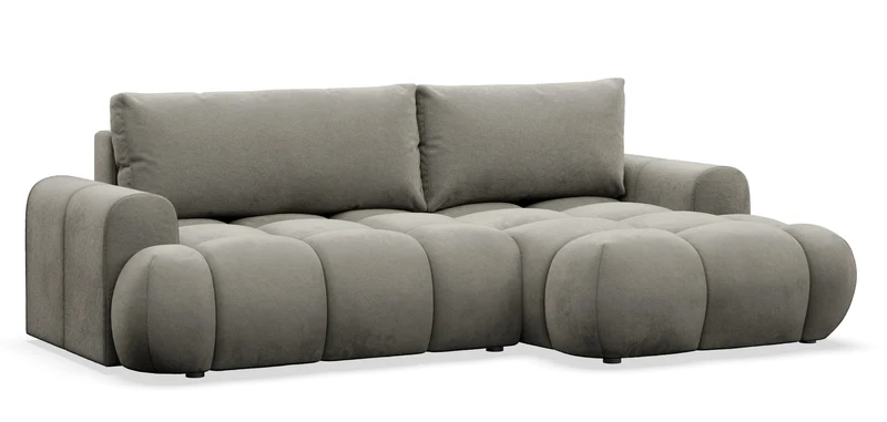 Ecksofa mit Schlaffunktion Ombo Mini, L-förmig, rechtsseitig, mit Stauraum, graubraunes Velours, wasserabweisend