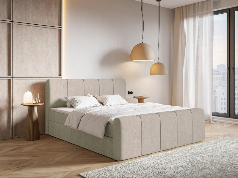Kontinentalbett 180x200 cm Cloudy II mit Stauraum und Topper, grau-brauner hydrophober Chenillestoff