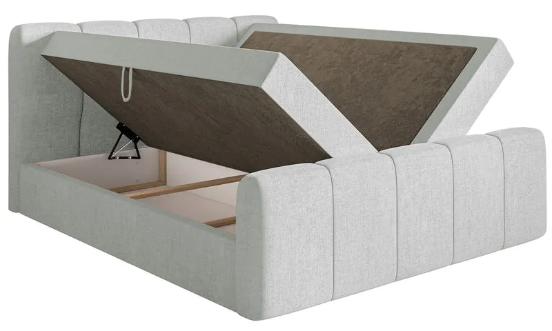 Kontinentalbett 200x200 cm Cloudy II mit Stauraum und Topper, hellgrauer Chenille-Stoff, hydrophob