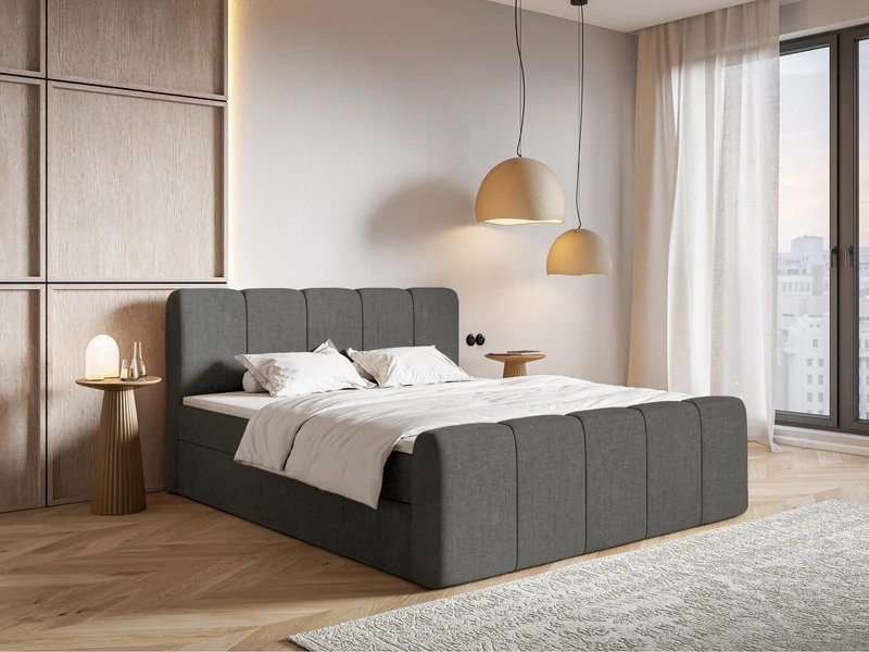 Kontinentales Bett 180x200 cm Cloudy II mit Stauraum und Topper, dunkelgrauer hydrophober Chenillestoff