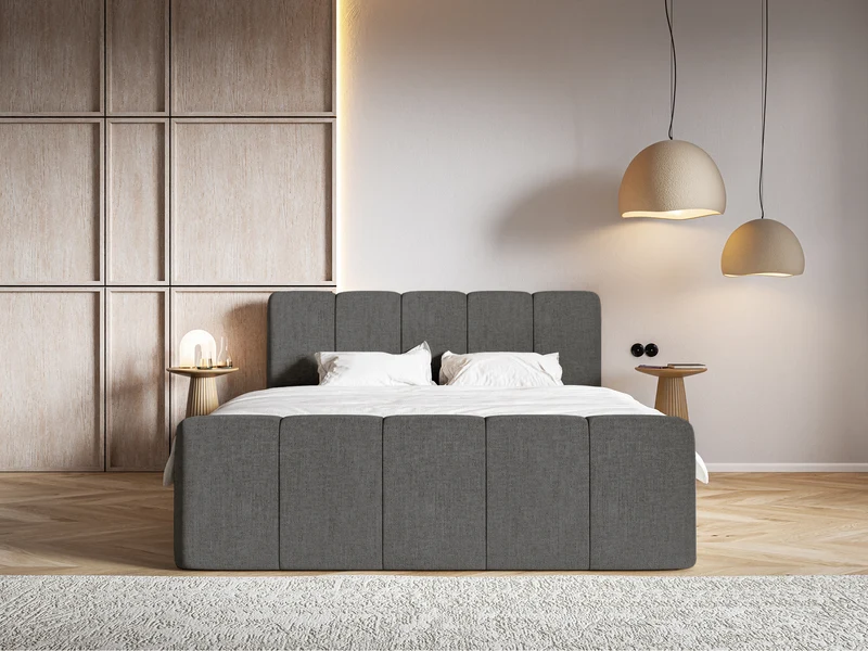 Kontinentales Bett 180x200 cm Cloudy II mit Stauraum und Topper, dunkelgrauer hydrophober Chenillestoff