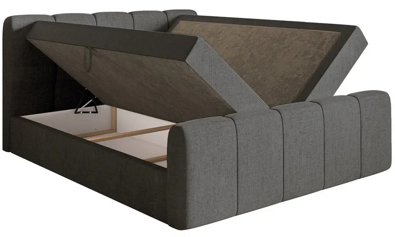 Kontinentales Bett 180x200 cm Cloudy II mit Stauraum und Topper, dunkelgrauer hydrophober Chenillestoff