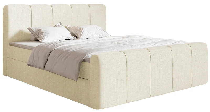 Kontinentales Bett 160x200 cm Cloudy II mit Stauraum und Topper, cremefarben, hydrophobes Chenille