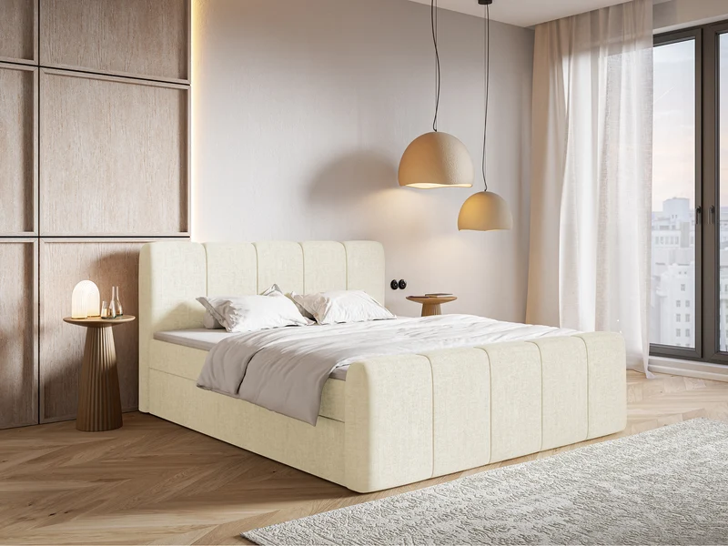 Kontinentales Bett 160x200 cm Cloudy II mit Stauraum und Topper, cremefarben, hydrophobes Chenille
