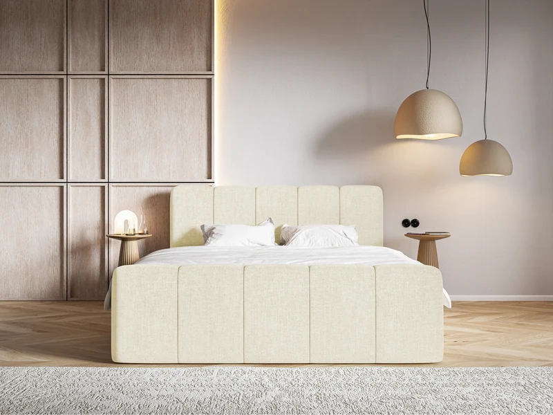 Kontinentales Bett 160x200 cm Cloudy II mit Stauraum und Topper, cremefarben, hydrophobes Chenille