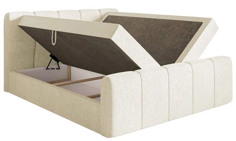 Kontinentales Bett 160x200 cm Cloudy II mit Stauraum und Topper, cremefarben, hydrophobes Chenille