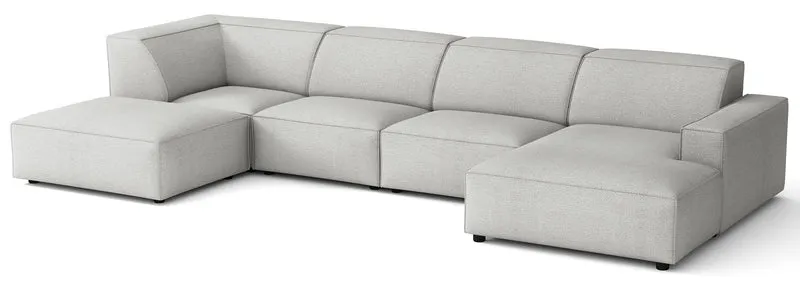 Großes U-förmiges modulares Ecksofa Sellmo mit Hocker, linksseitig, hellgrauer hydrophober Chenille-Stoff
