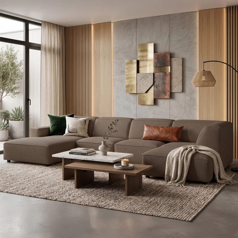 Großes U-förmiges modulares Ecksofa Sellmo mit Hocker, rechtsseitig, hellbrauner hydrophober Chenille-Stoff