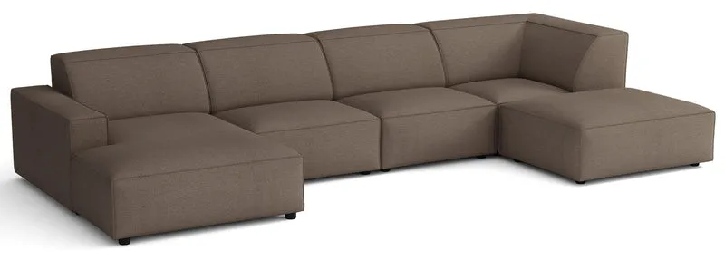 Großes U-förmiges modulares Ecksofa Sellmo mit Hocker, rechtsseitig, hellbrauner hydrophober Chenille-Stoff