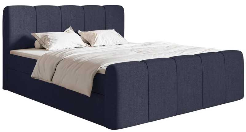 Kontinentales Bett 200x200 cm Cloudy II mit Stauraum und Topper, marineblauer hydrophober Chenillestoff
