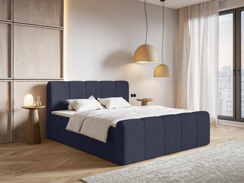 Kontinentales Bett 200x200 cm Cloudy II mit Stauraum und Topper, marineblauer hydrophober Chenillestoff
