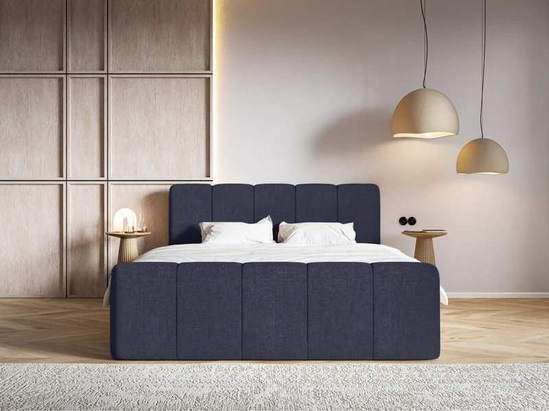 Kontinentales Bett 200x200 cm Cloudy II mit Stauraum und Topper, marineblauer hydrophober Chenillestoff