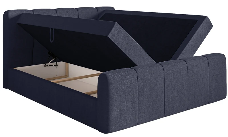 Kontinentales Bett 200x200 cm Cloudy II mit Stauraum und Topper, marineblauer hydrophober Chenillestoff