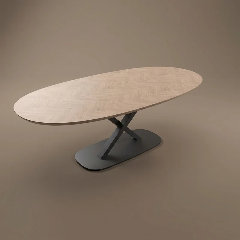 Eiken visgraat eettafel - Deens Rond - V onderstel