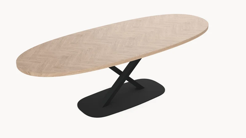 Eiken visgraat eettafel - Deens Rond - V onderstel