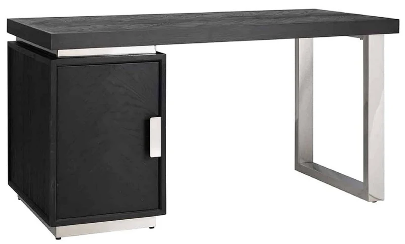 Casa Padrino Luxus Massivholz Schreibtisch Schwarz / Silber 150 x 70 x H. 77 cm - Bürotisch - Computertisch - Luxus Büro Möbel