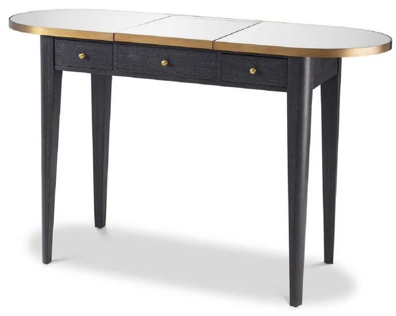 Casa Padrino Luxus Schminktisch Anthrazit / Messing 126 x 47 x H. 78,5-119,5 cm - Mahagoni Schmink Konsole mit ausklappbarem Spiegel und 3 Schubladen - Luxus Schlafzimmer Möbel