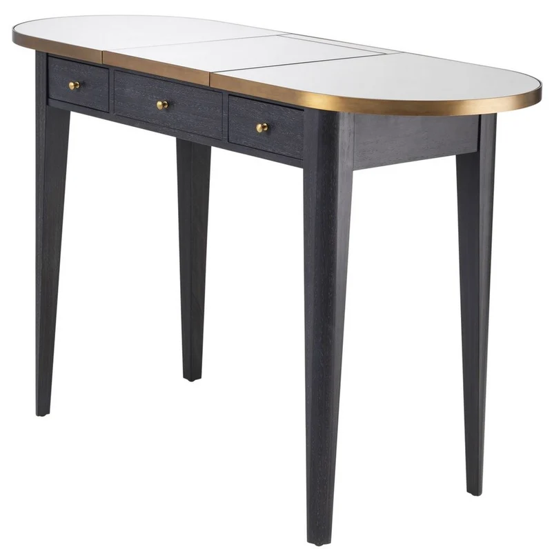 Casa Padrino Luxus Schminktisch Anthrazit / Messing 126 x 47 x H. 78,5-119,5 cm - Mahagoni Schmink Konsole mit ausklappbarem Spiegel und 3 Schubladen - Luxus Schlafzimmer Möbel