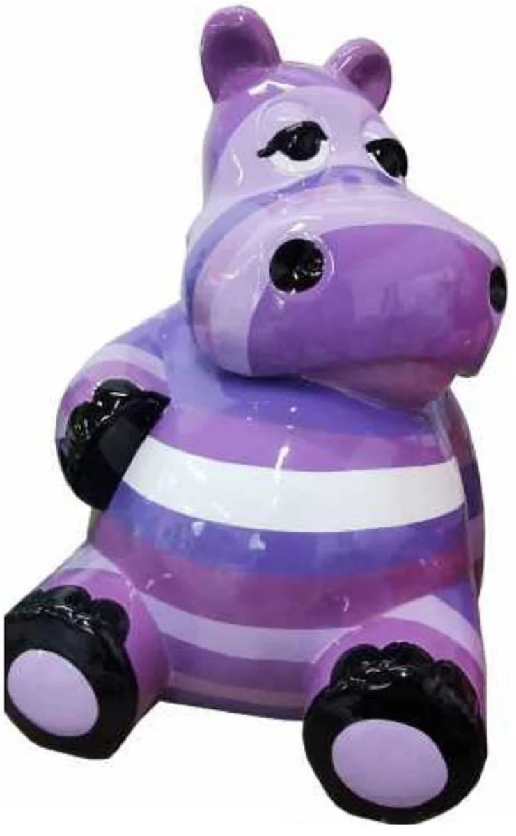 Casa Padrino Designer Deko Skulptur Sitzendes Nilpferd Lila / Mehrfarbig H. 48 cm - Wetterbeständige Dekofigur - Wohnzimmer Deko - Garten Deko - Terrassen Deko