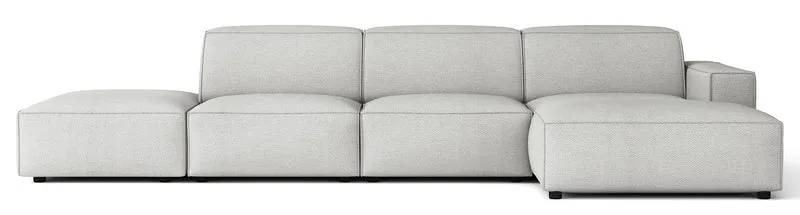 Modulares Ecksofa Sellmo, L-förmig, mit Pouf, rechtsseitig, hellgrauer hydrophober Chenille-Stoff