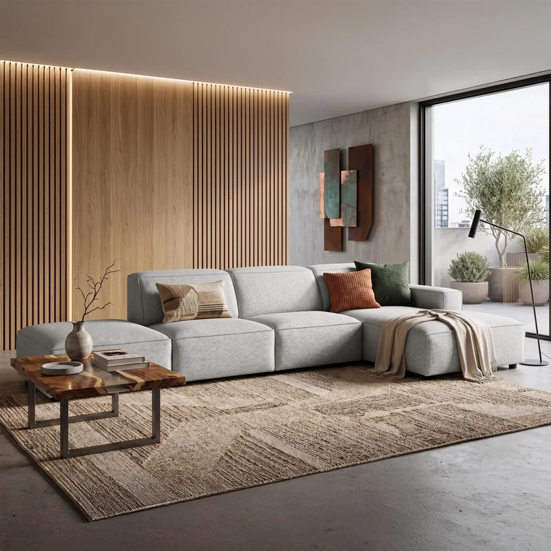 Modulares Ecksofa Sellmo, L-förmig, mit Pouf, rechtsseitig, hellgrauer hydrophober Chenille-Stoff