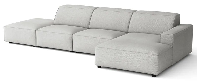 Modulares Ecksofa Sellmo, L-förmig, mit Pouf, rechtsseitig, hellgrauer hydrophober Chenille-Stoff