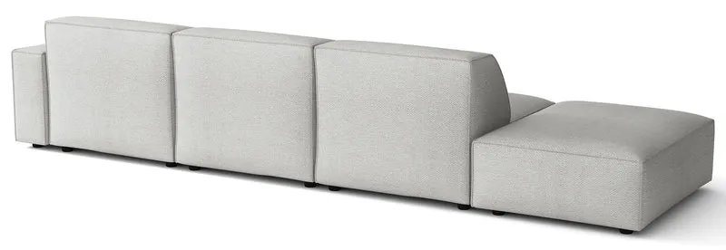 Modulares Ecksofa Sellmo, L-förmig, mit Pouf, rechtsseitig, hellgrauer hydrophober Chenille-Stoff